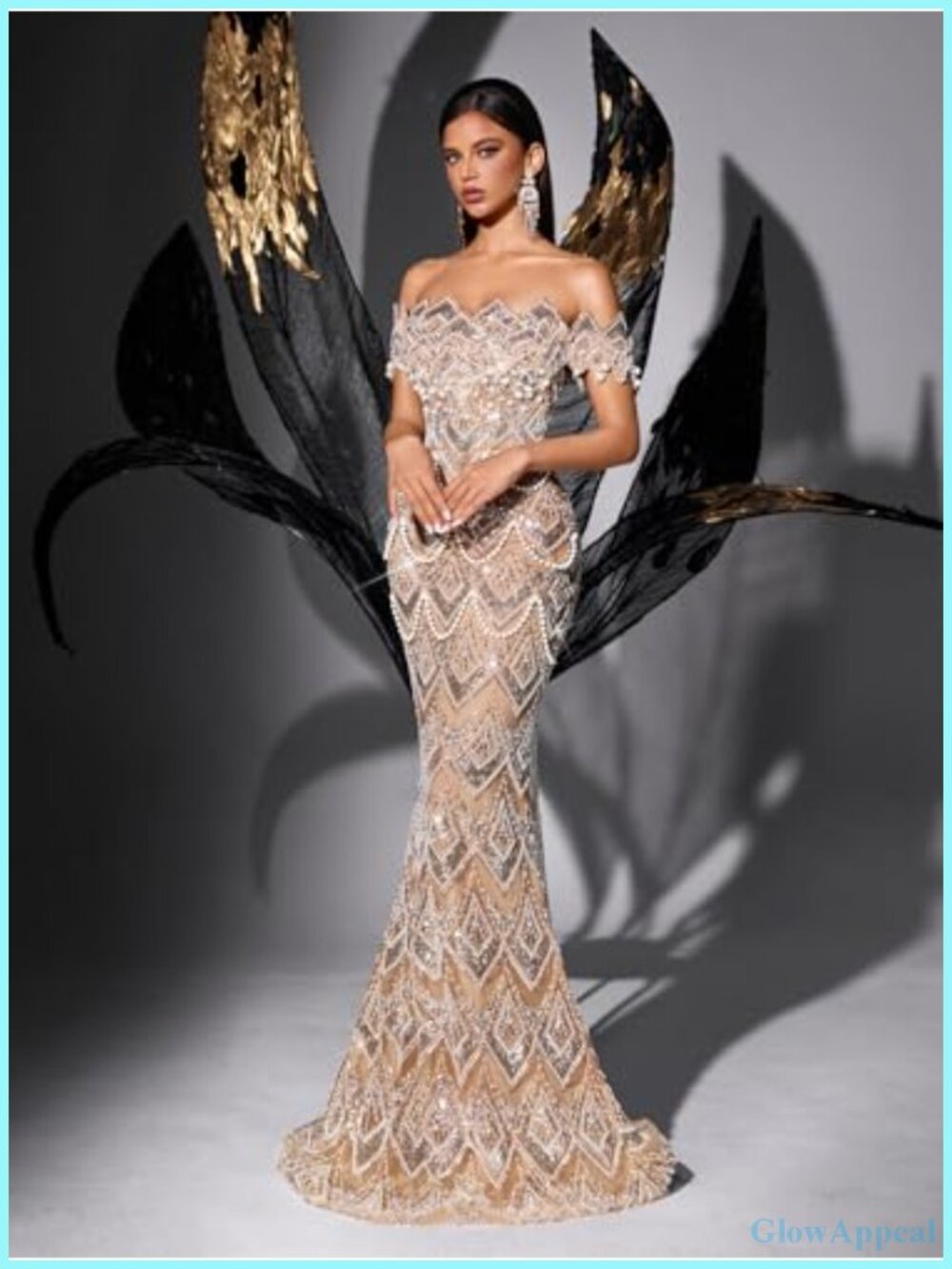 Off Shoulder Mermaid Prom Dress Sequin Beaded Evening Gown Lace Up Back - Picture 3 of 6